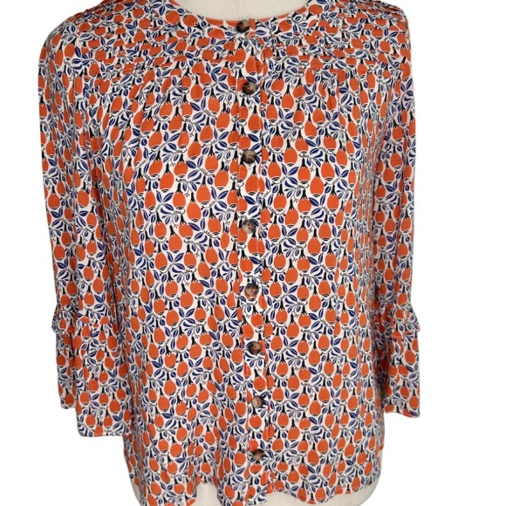 Maeve Anthropologie Orange Fruit Print Button Front Blouse Cottagecore Boho Top